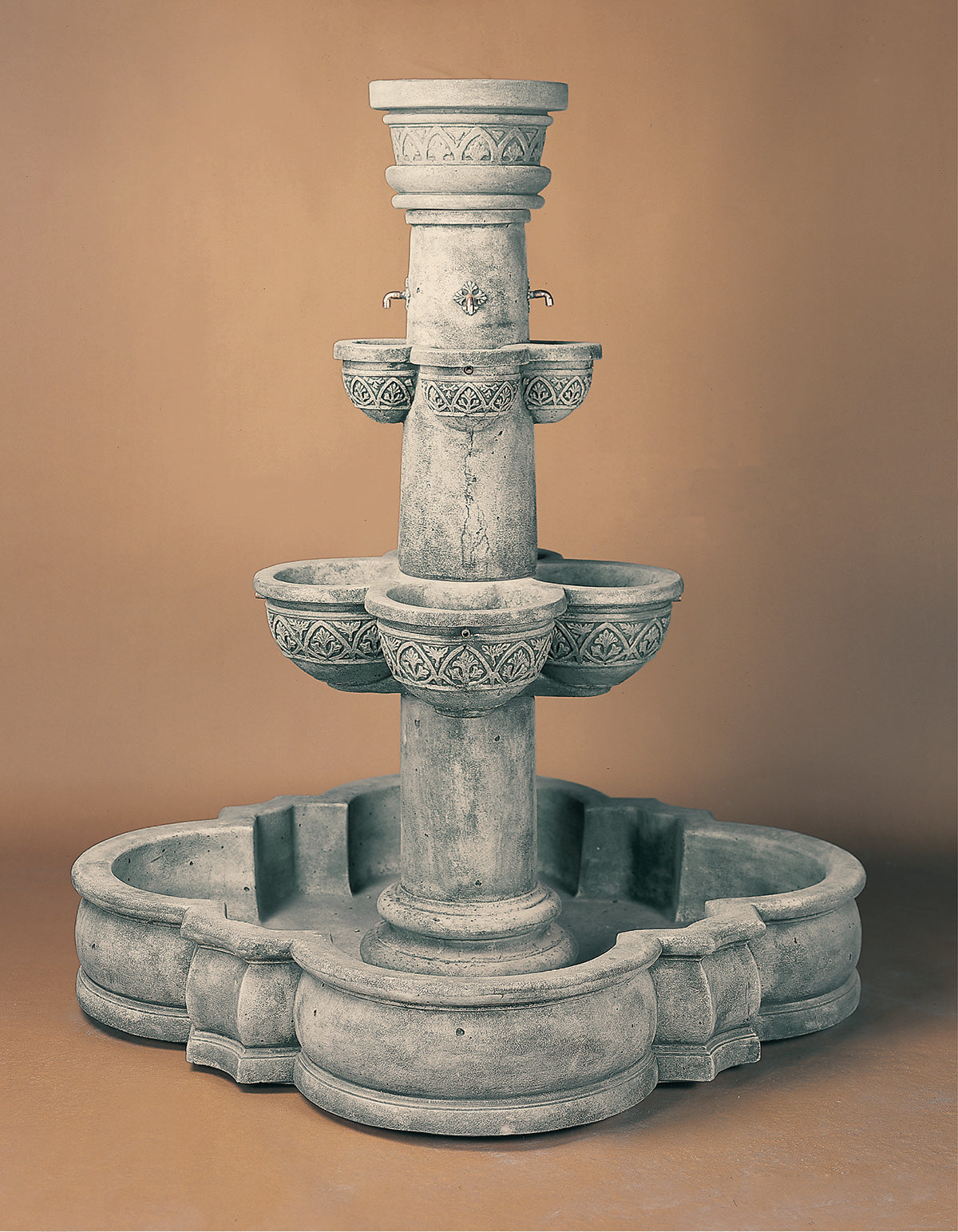 Plaza Minerva Outdoor Garden Fountain with Quatrefoil Basin Spout – 66"H x 58"W – Cast Stone – USA Made