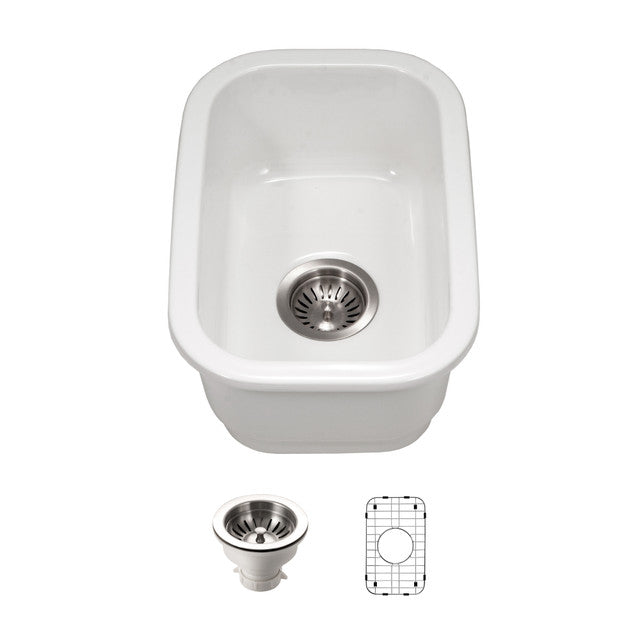 Houzer Platus 13 inch White Fireclay Undermount Single Bowl Bar Sink with Strainer & Grid