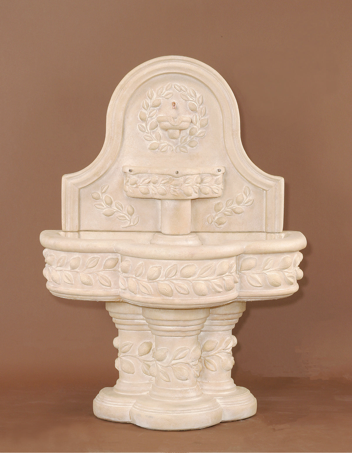 Deruta Lemon Wall Cast Stone Outdoor Water Fountain with Brass Spout – Spanish Clay Finish
