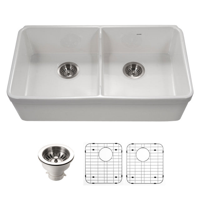 Houzer Platus 32 inch White Fireclay Apron Front Farmhouse 50/50 Double Bowl Kitchen Sink with Low Divider with Basket Strainer and Basin Grids Included