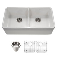 Thumbnail for Houzer Platus 32 inch White Fireclay Apron Front Farmhouse 50/50 Double Bowl Kitchen Sink with Low Divider with Basket Strainer and Basin Grids Included