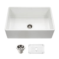 Thumbnail for Houzer Platus 33 inch White Fireclay Apron Front Farmhouse Kitchen Sink with Strainer & Grid