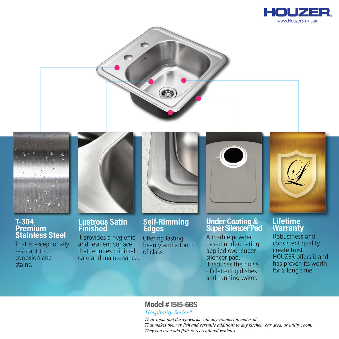 Houzer Hospitality 15 inch Stainless Steel Drop-in Topmount 2-hole Bar and Prep Sink