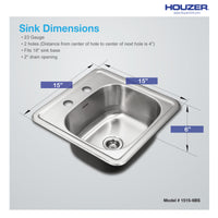 Thumbnail for Houzer Hospitality 15 inch Stainless Steel Drop-in Topmount 2-hole Bar and Prep Sink