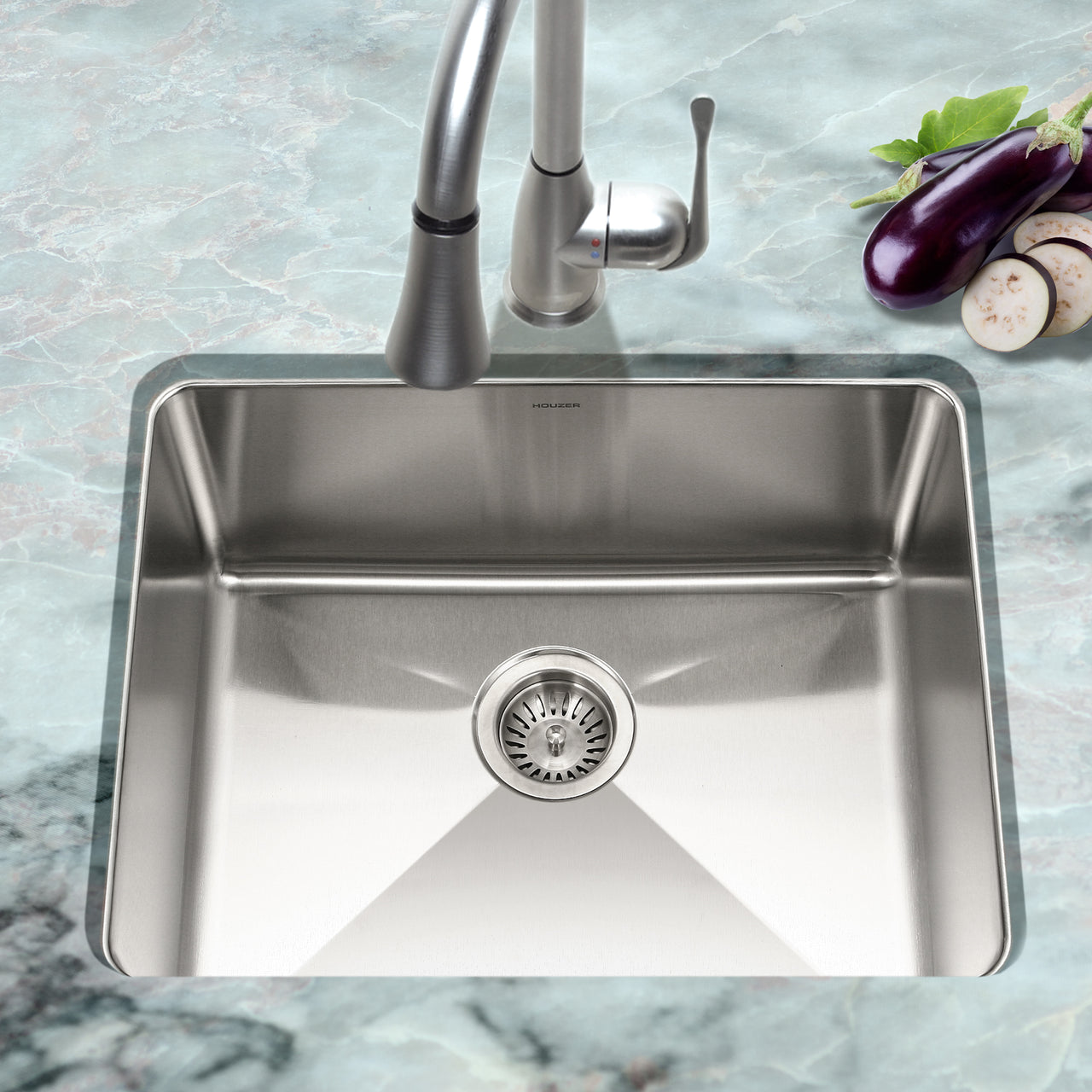 Houzer Nouvelle 23 inch Stainless Steel Undermount Single Bowl Kitchen Sink with Strainer & Grid