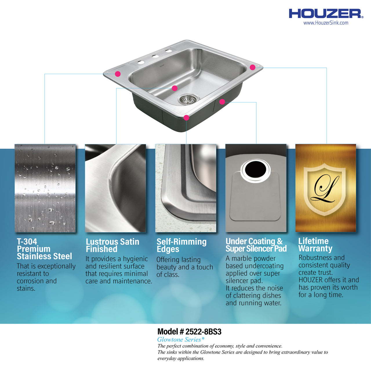 Houzer Glowtone 25 inch Stainless Steel Drop-in Topmount Single Bowl Deep Kitchen Sink with Strainer