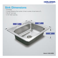 Thumbnail for Houzer Glowtone 25 inch Stainless Steel Drop-in Topmount Single Bowl Deep Kitchen Sink with Strainer