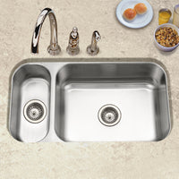 Thumbnail for Houzer Elite 31 inch Stainless Steel Undermount 80/20 Small Left Double Bowl Kitchen Sink with Strainer & Grids