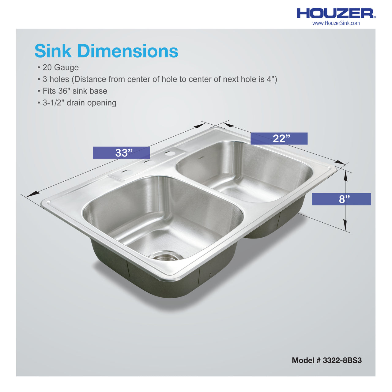Houzer Glowtone 33" Stainless Steel Drop-in Topmount 50/50 Double Bowl Deep Kitchen Sink
