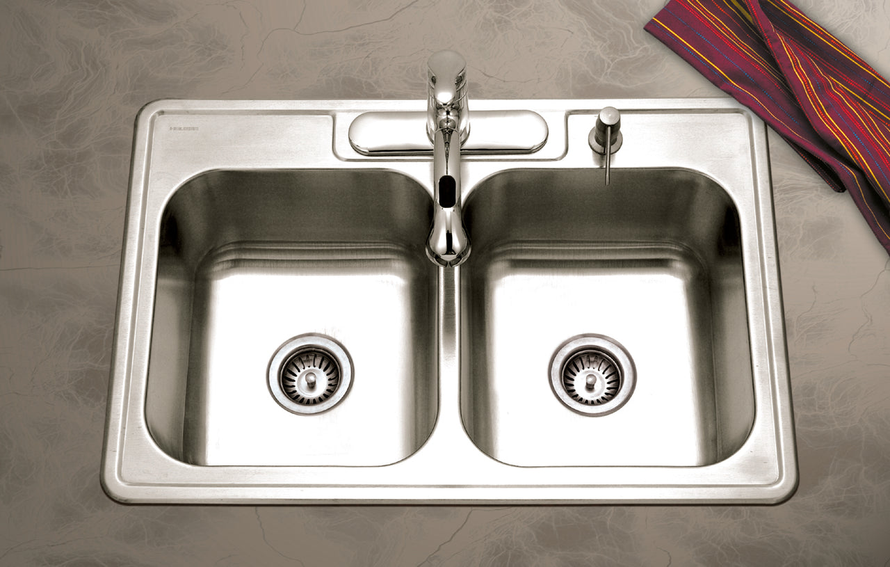 Houzer Glowtone 33" Stainless Steel Drop-in Topmount 50/50 Double Bowl Deep Kitchen Sink