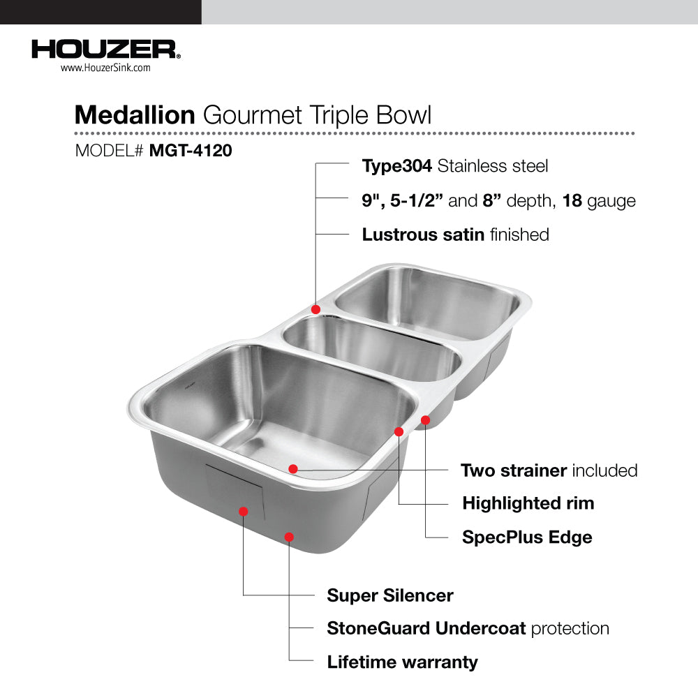 Houzer Medallion 40 inch Stainless Steel Undermount Triple Bowl Kitchen Sink with Strainers & Grids