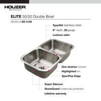 Thumbnail for Houzer Elite 31 inch Stainless Steel Undermount 50/50 Double Bowl Kitchen Sink, Nested 20-Pack