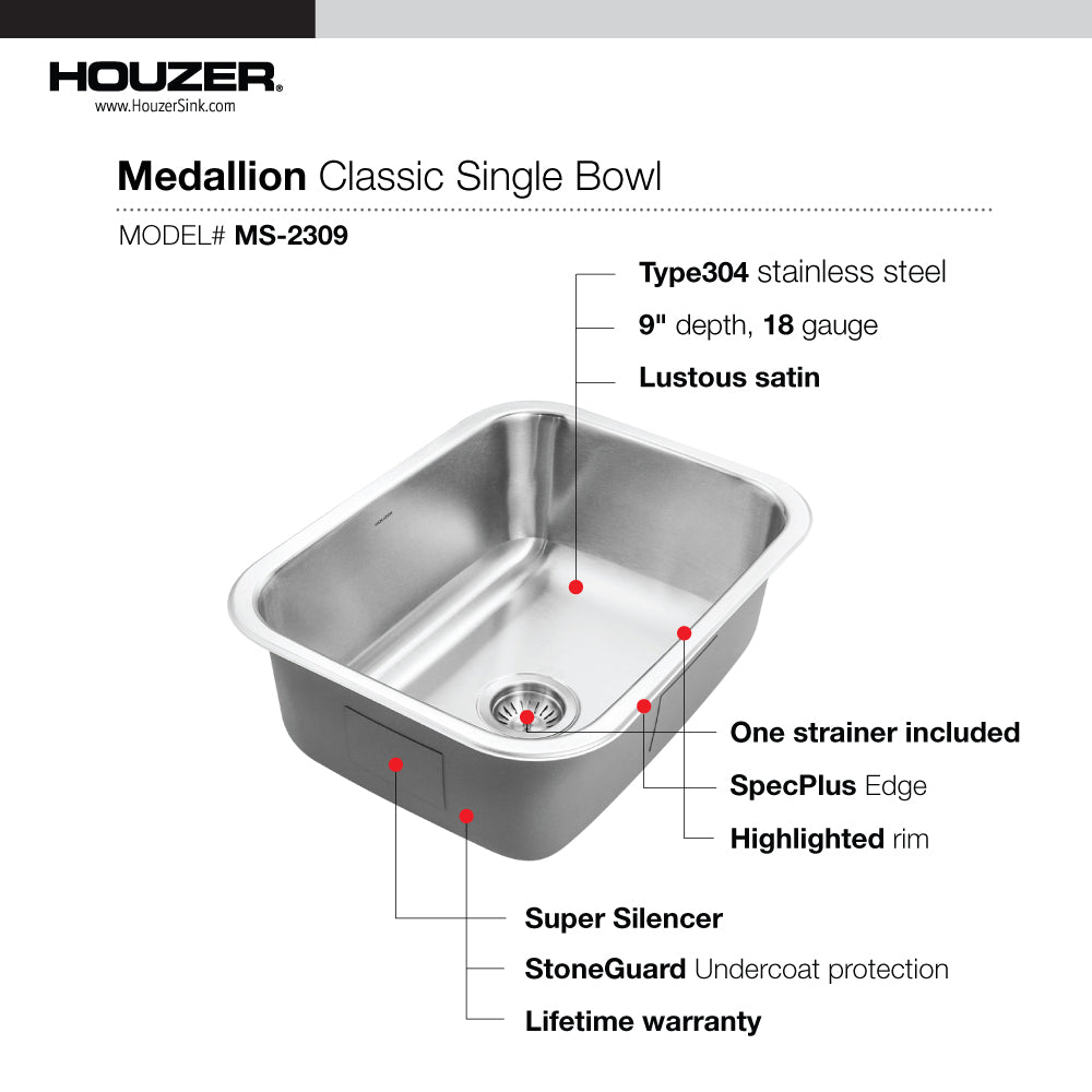 Houzer Medallion 23 inch Stainless Steel Undermount 9 inch Deep Single Bowl Kitchen Sink, Nested 20-Pack