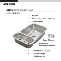 Thumbnail for Houzer Elite 31 inch Stainless Steel Undermount 80/20 Small Left Double Bowl Kitchen Sink with Strainer & Grids