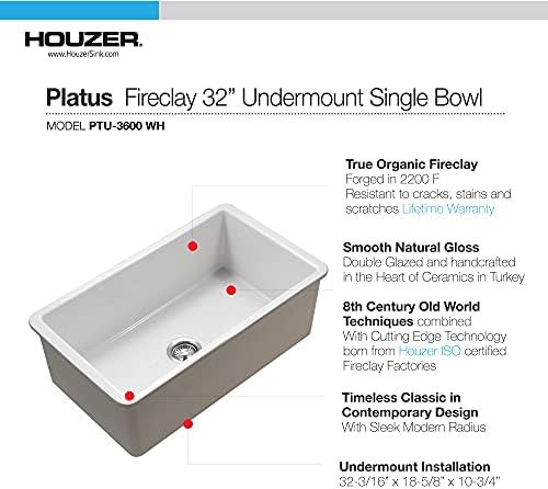 Houzer Platus White Fireclay Undermount Single Bowl Kitchen Sink with Basket Strainer and Basin Grid Included