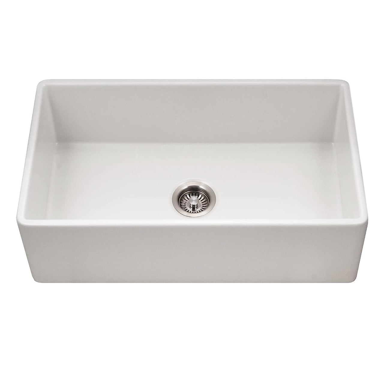 Houzer Platus 33 inch White Fireclay Apron Front Farmhouse Single Bowl Kitchen Sink with Basket Strainer and Basin Grid Included