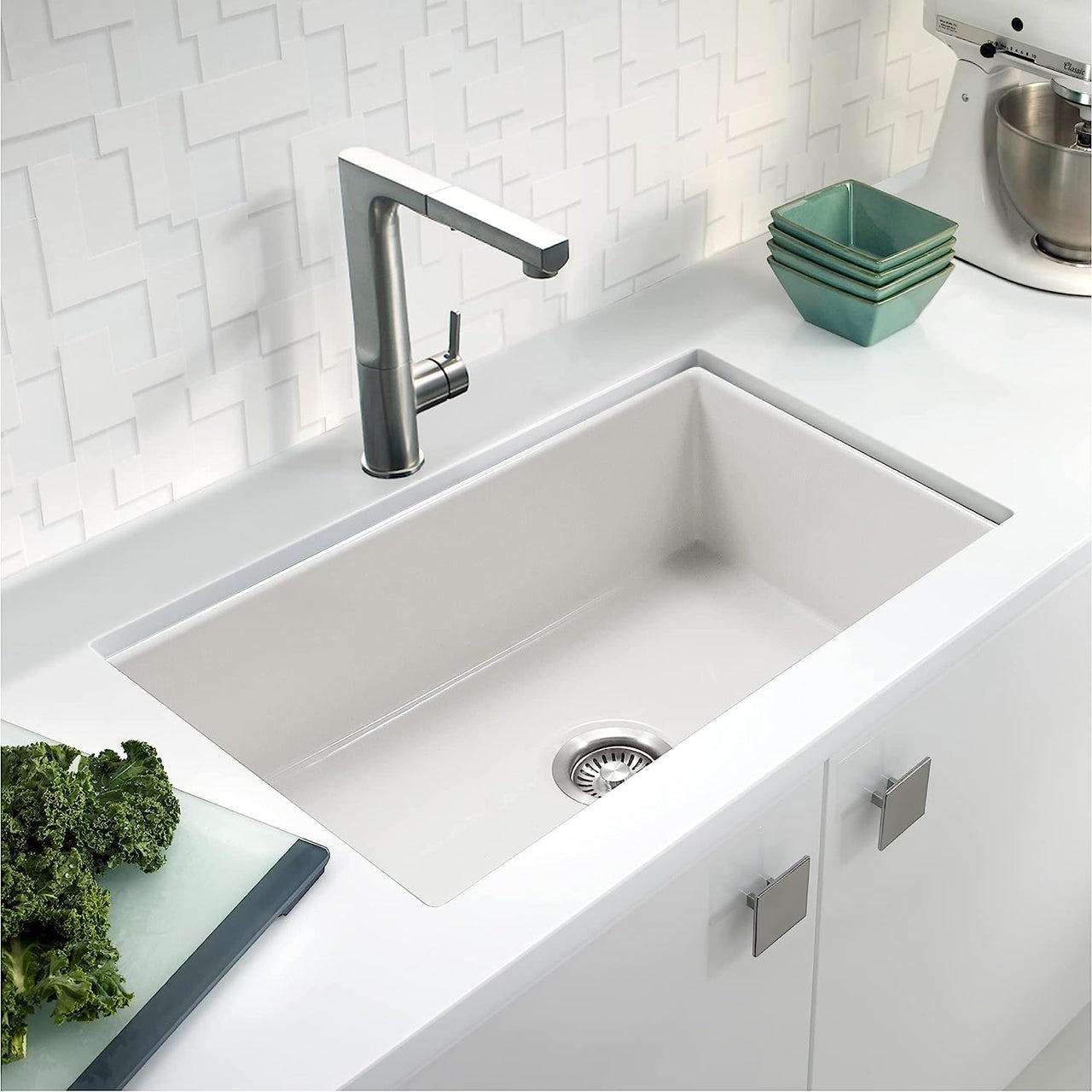 Houzer Platus White Fireclay Undermount Single Bowl Kitchen Sink with Basket Strainer and Basin Grid Included