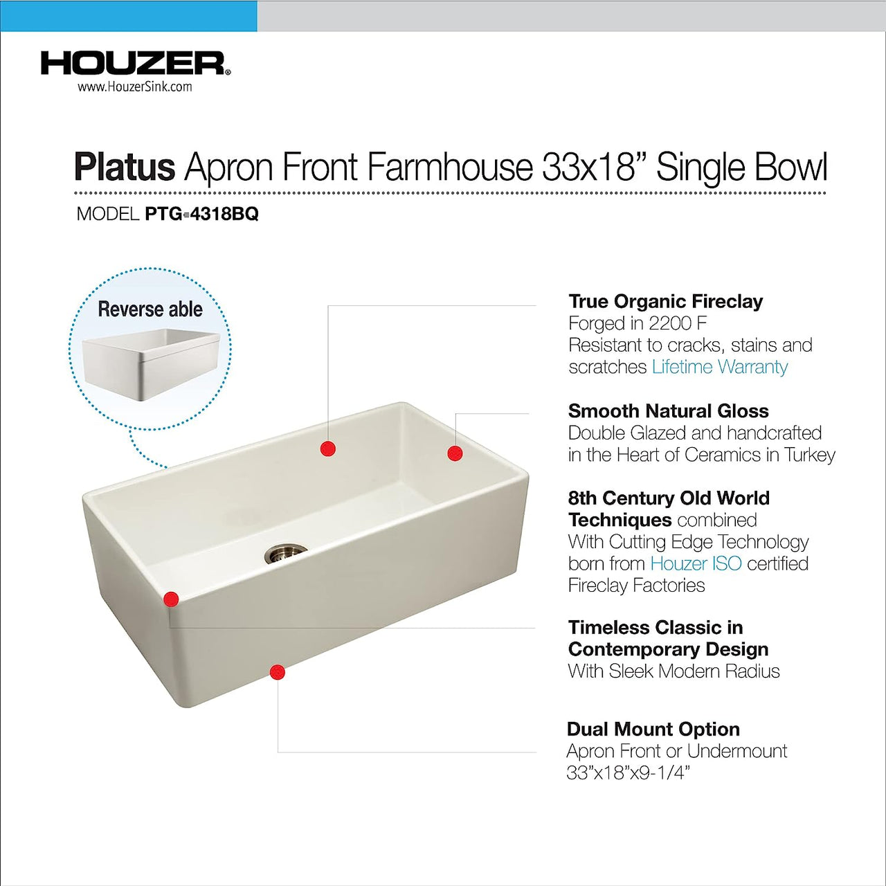 Houzer Platus 33 inch White Fireclay Apron Front Farmhouse Single Bowl Kitchen Sink