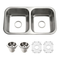 Thumbnail for Houzer Elite 31 inch Stainless Steel Undermount 50/50 Double Bowl Kitchen Sink with Strainer & Grid