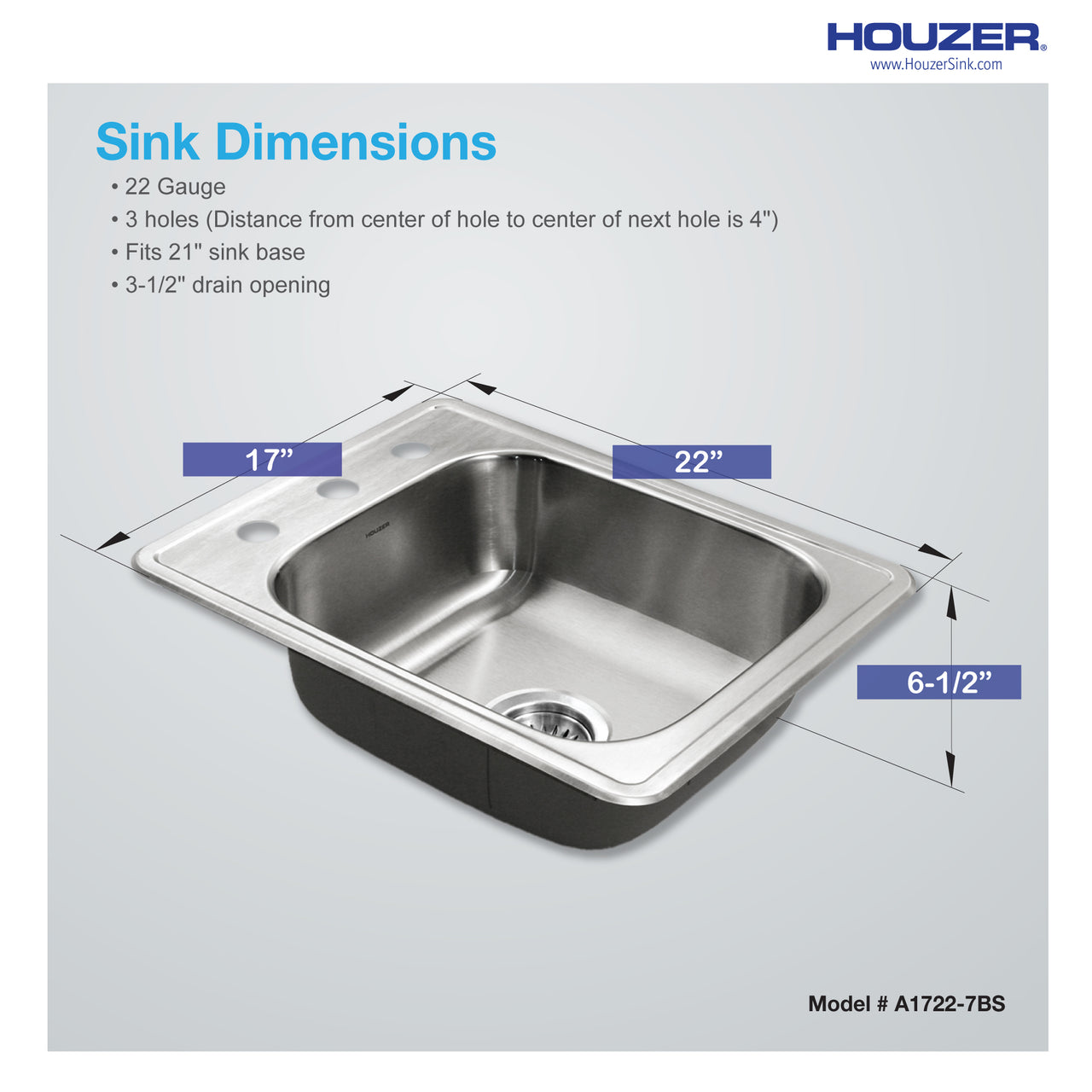 Houzer Glowtone ADA Compliant 17 inch Stainless Steel Drop-in Topmount 3-hole Large Bar and Prep Sink