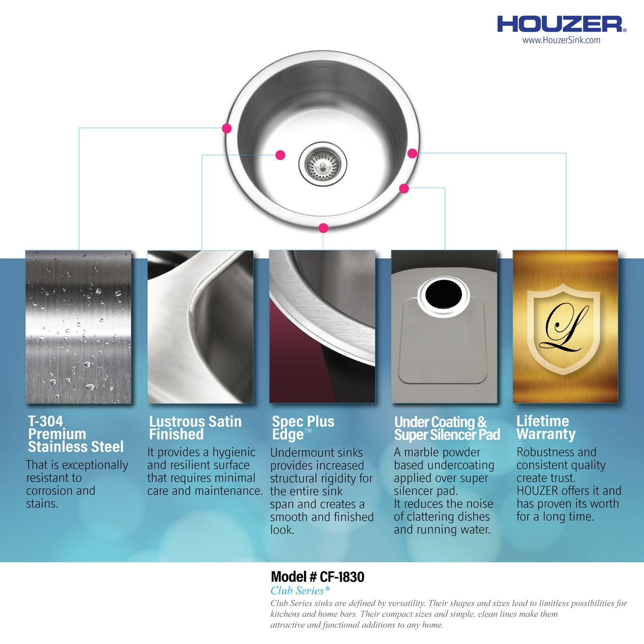Houzer Club 18 inch Stainless Steel Undermount Single Round Bowl Bar Sink with Strainer