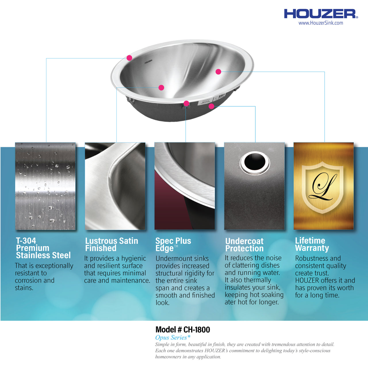 Houzer Opus 18 inch Stainless Steel Undermount Oval Bowl Bathroom Sink without Overflow