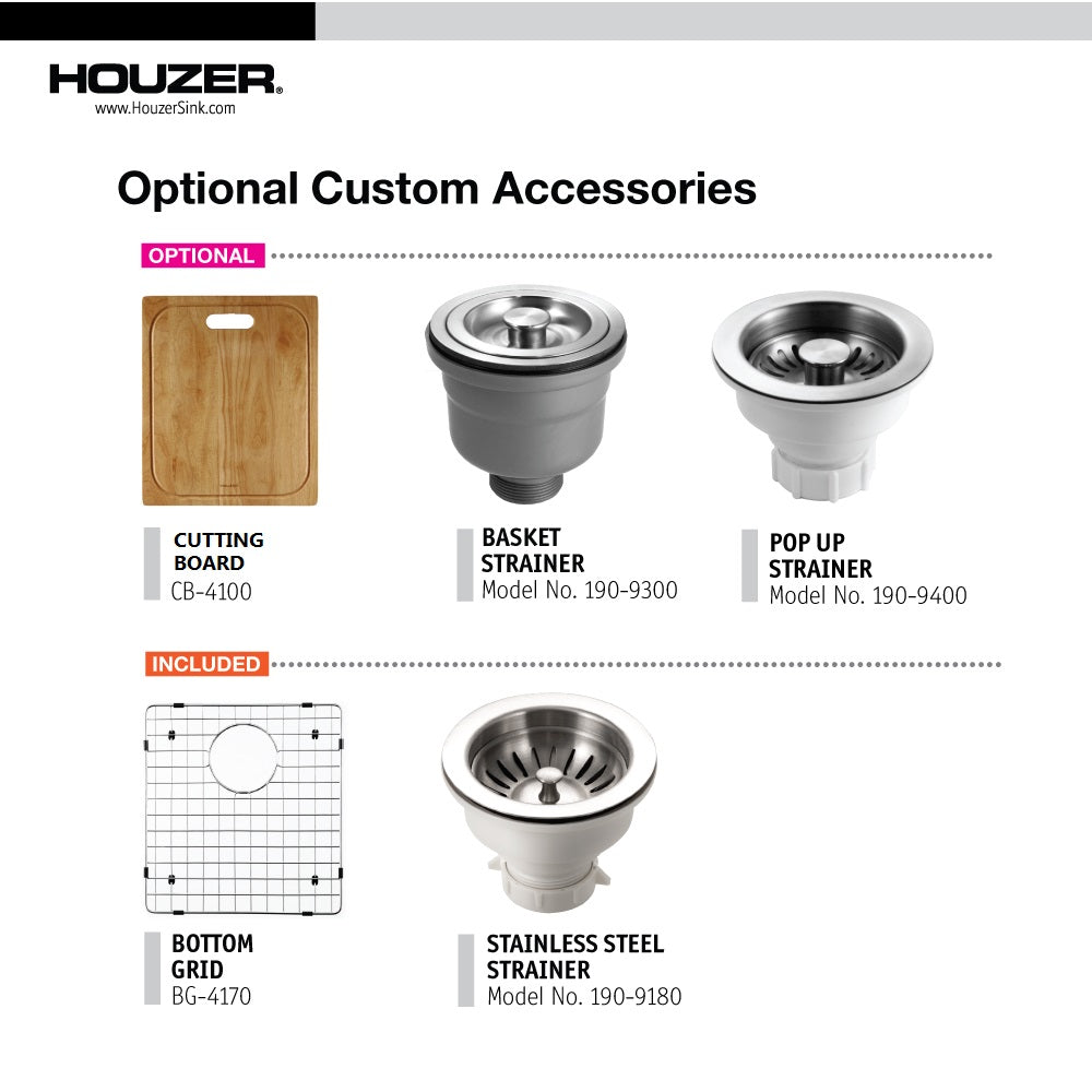Houzer Savoir Stainless Steel Undermount Bowl Bar/Prep Kitchen Sink with Strainer &amp; Grid