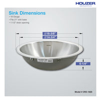Thumbnail for Houzer Opus 16 inch Stainless Steel Undermount Round Bathroom Sink with Overflow Drain Assembly