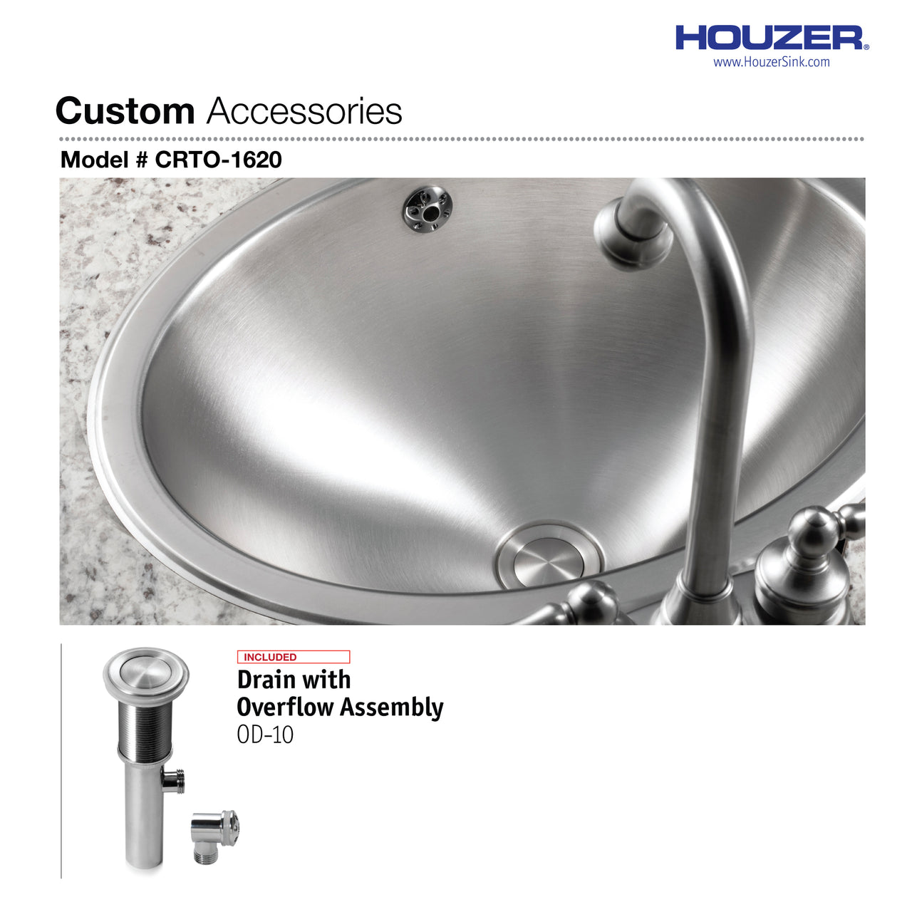 Houzer Opus 16 inch Stainless Steel Drop-in Round Bowl Bathroom Sink with Overflow Drain Assembly