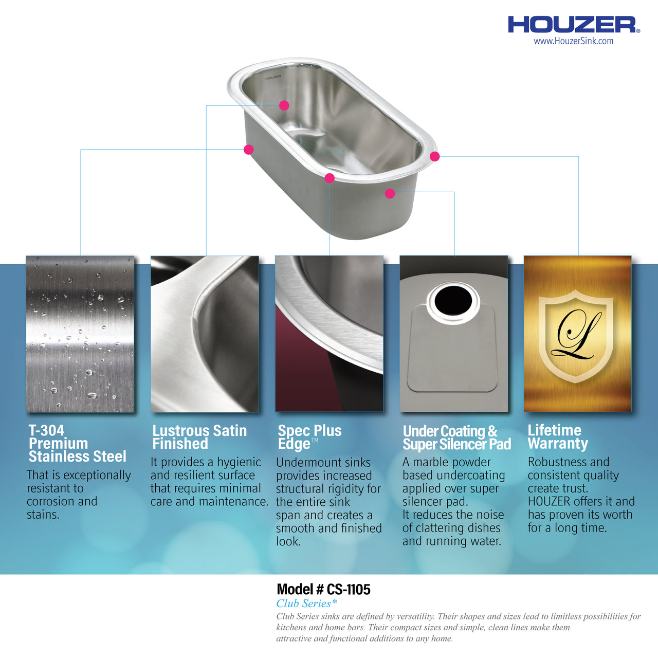 Houzer Club 10 inch Stainless Steel Undermount Compact Bar and Prep Sink with Strainer & Bottom Grid
