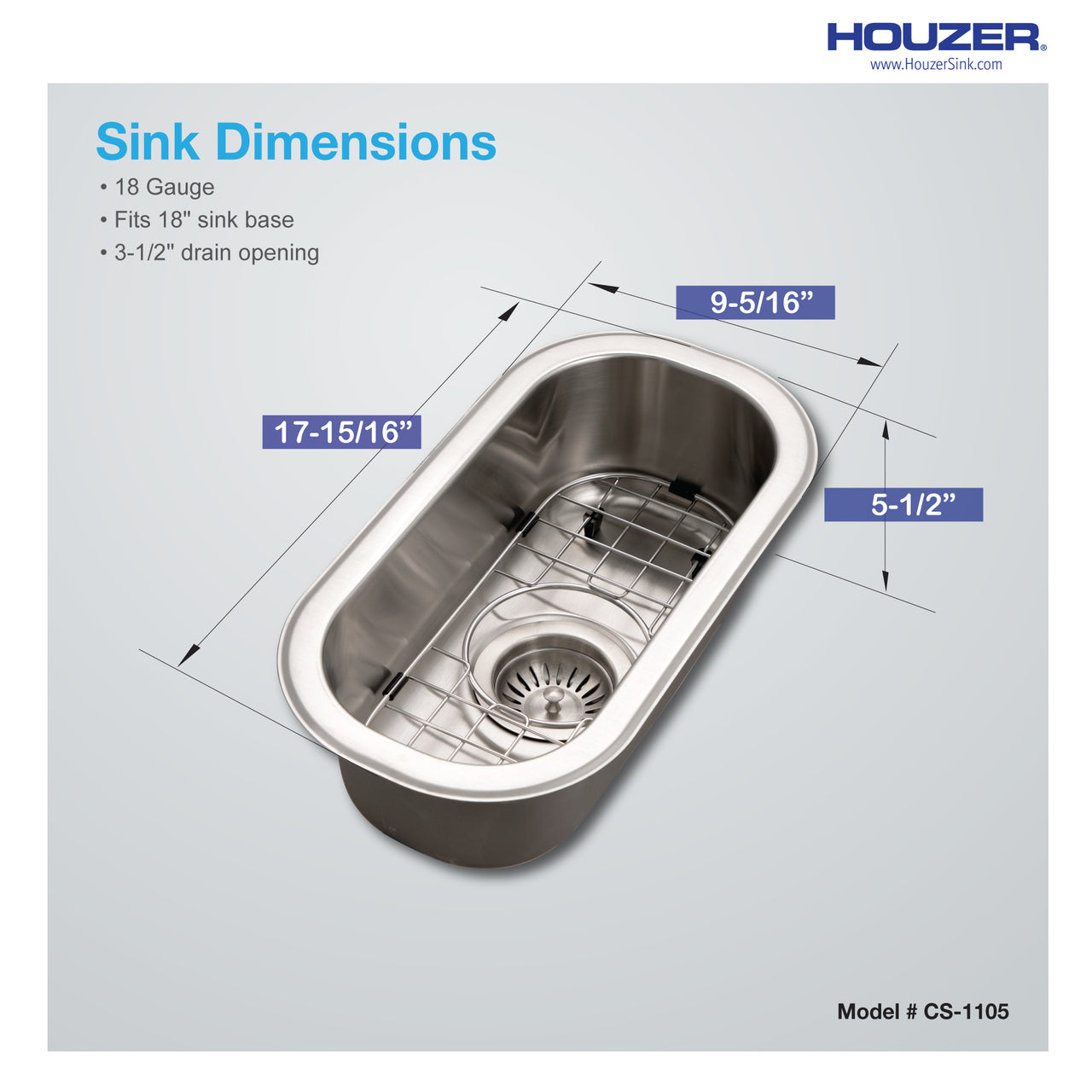 Houzer Club 10 inch Stainless Steel Undermount Compact Single Bowl Bar Sink with Strainer