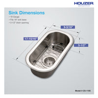 Thumbnail for Houzer Club 10 inch Stainless Steel Undermount Compact Bar and Prep Sink with Strainer & Bottom Grid