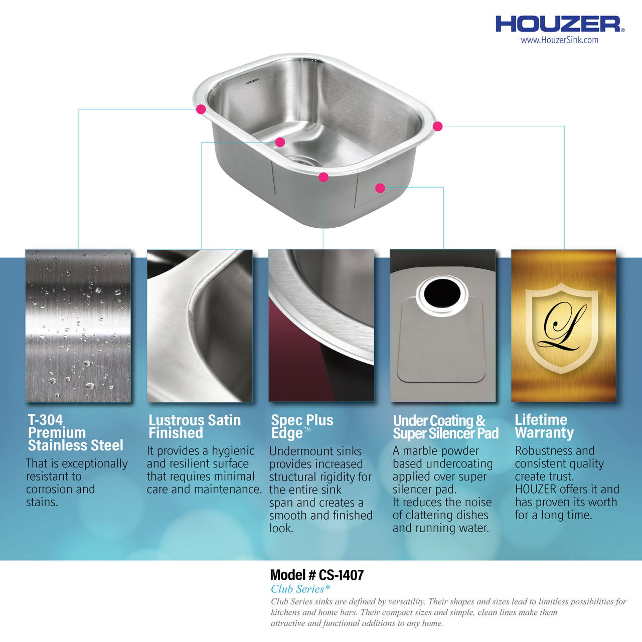 Houzer Club 14 inch Stainless Steel Undermount Medium Bar and Prep Sink with Strainer & Bottom Grid