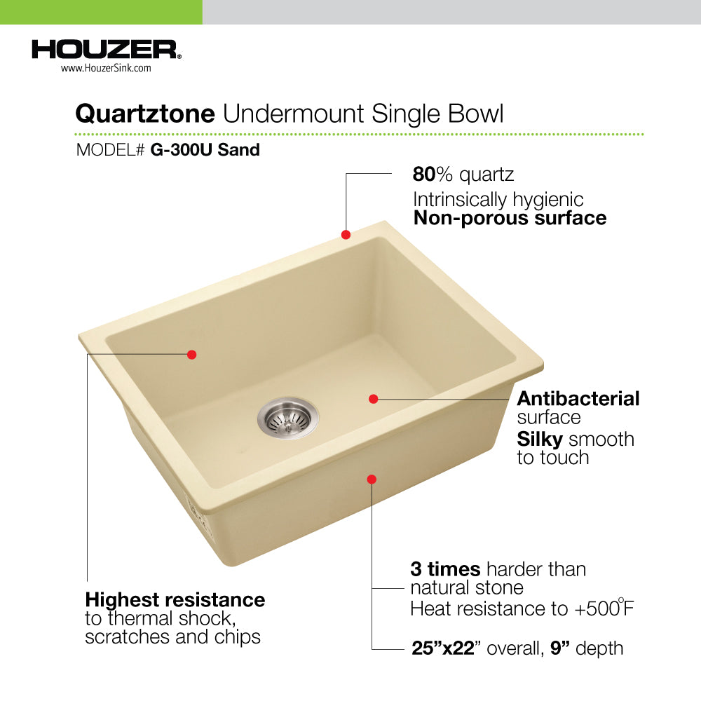 Houzer Quartztone 24 inch Granite Composite Undermount Single Bowl Kitchen Sink