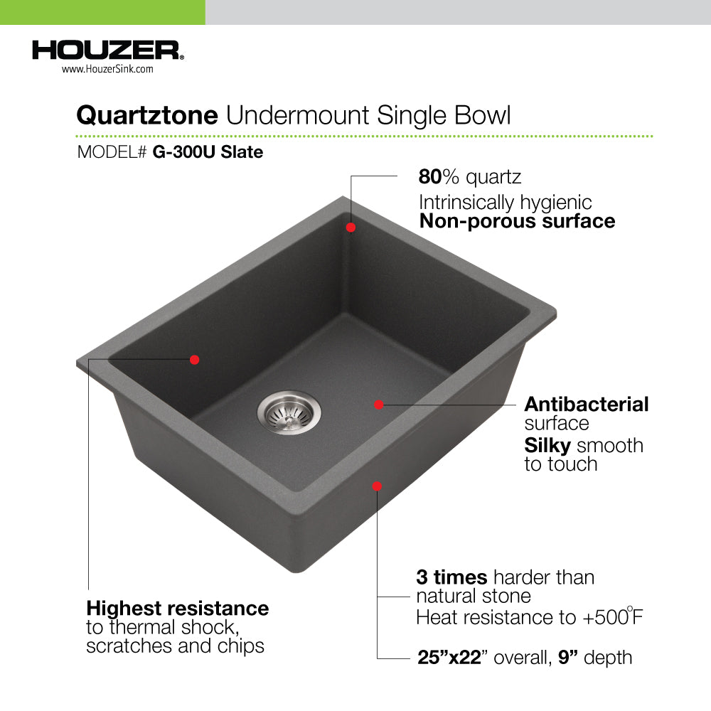Houzer Quartztone 24 inch Granite Composite Undermount Single Bowl Kitchen Sink