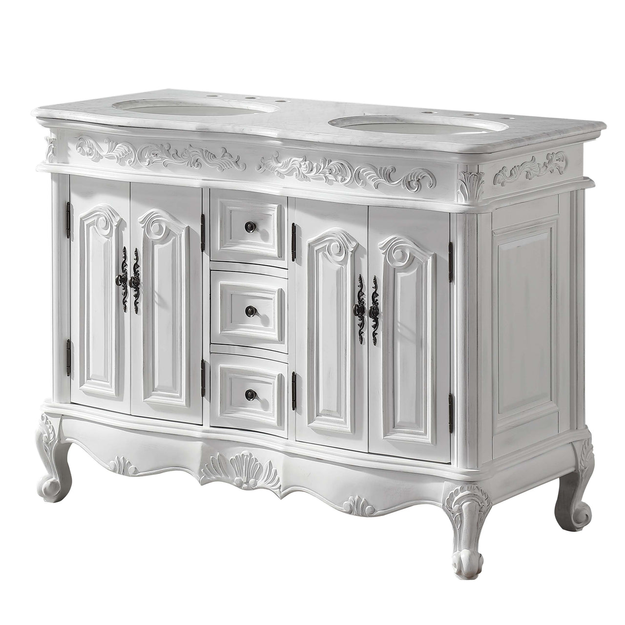 Silkroad 48" Double Sink Cabinet - Carrara White Top, Undermount White Ceramic Sinks (3-hole)