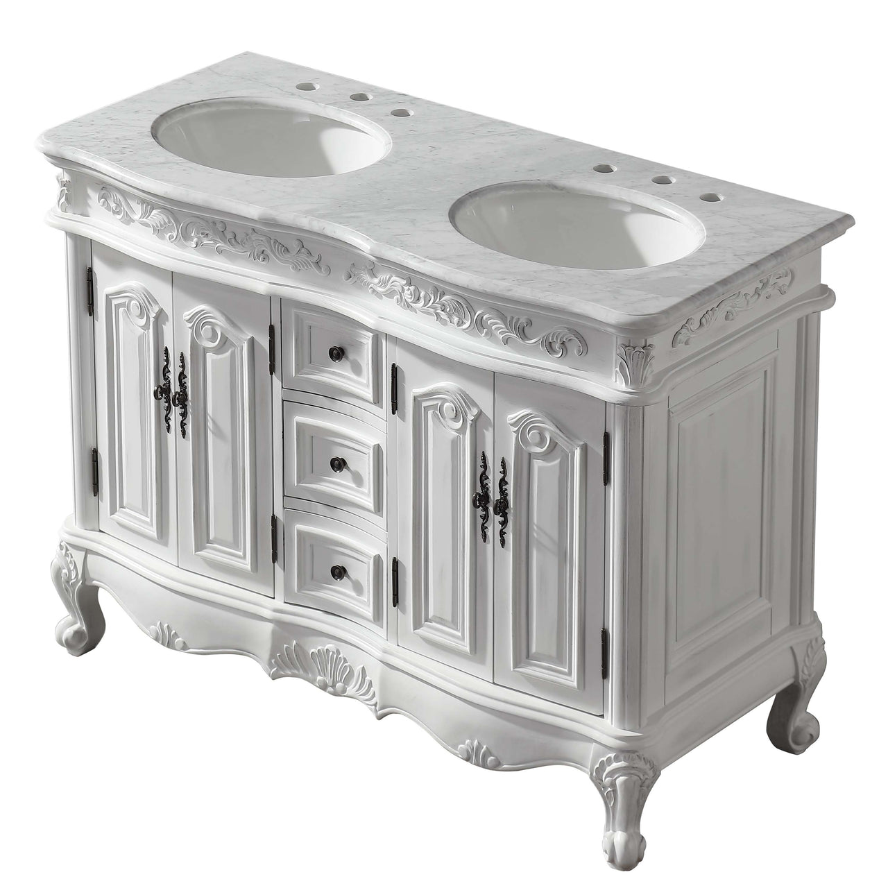 Silkroad 48" Double Sink Cabinet - Carrara White Top, Undermount White Ceramic Sinks (3-hole)