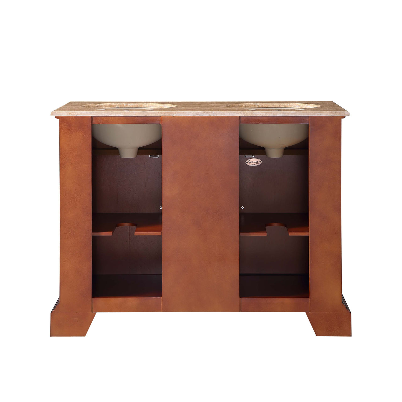 SilkRoad 48" Double Sink Cabinet - Travertine Top, Undermount White Ceramic Sinks (3-hole)