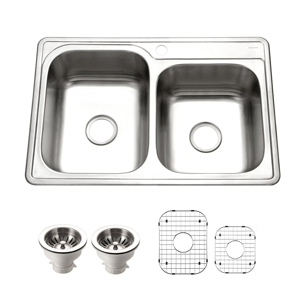 Houzer Glowtone 33" Stainless Steel Topmount 60/40 Double Bowl Kitchen Sink with Strainers & Grids