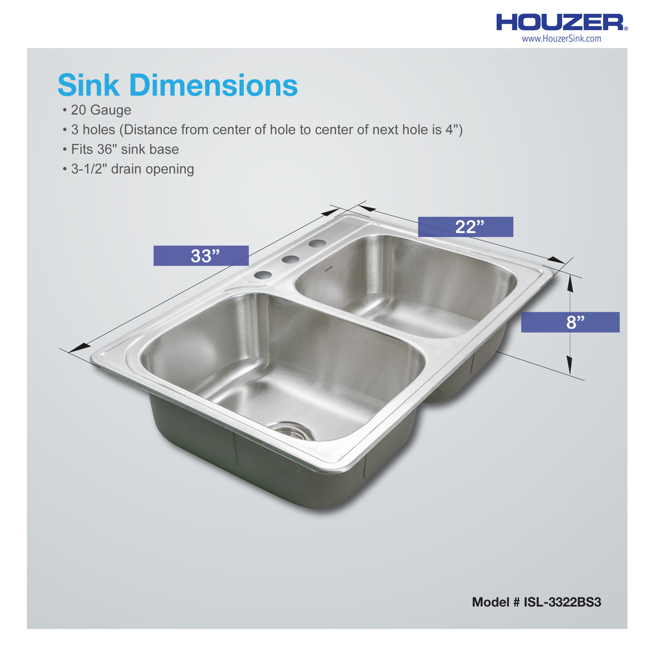 Houzer Glowtone 33" Stainless Steel Topmount 60/40 Double Bowl Kitchen Sink with Strainers & Grids