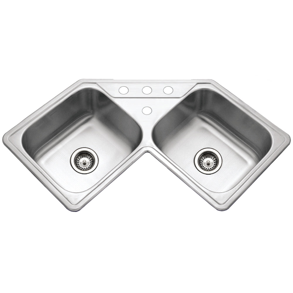 Houzer Legend 32" Stainless Steel Topmount 4-hole 50/50 Double Bowl Corner Kitchen Sink with Strainer & Grid