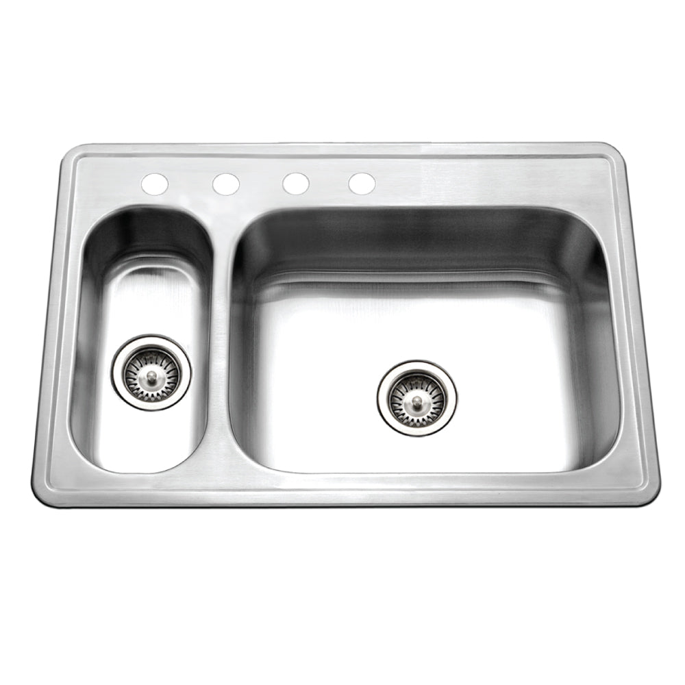 Houzer Legend 33" Stainless Steel Topmount 4-hole 80/20 Left Small Double Bowl Kitchen Sink with Strainer & Grids