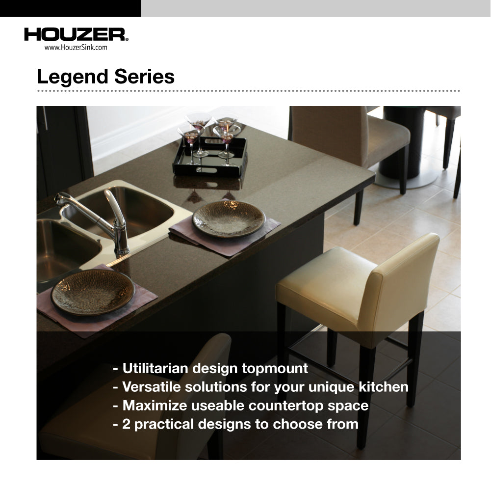 Houzer Legend 33" Stainless Steel Topmount 4-hole 80/20 Left Small Double Bowl Kitchen Sink with Strainer & Grids