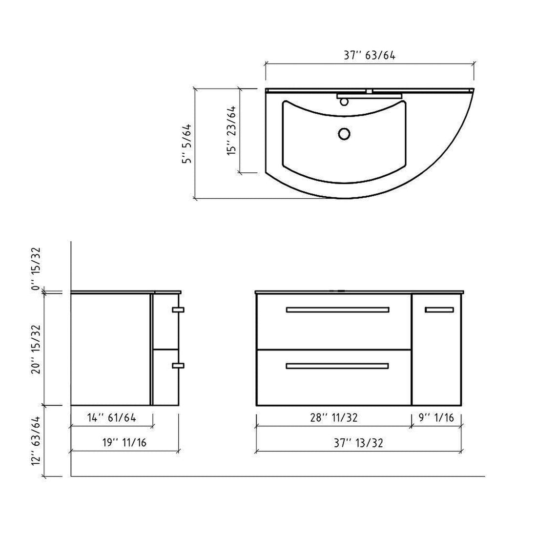LaToscana 38" Ameno Series Left Sink Modern Bathroom Wall-Mounted Vanity Right Rounded Cabinet in Slate