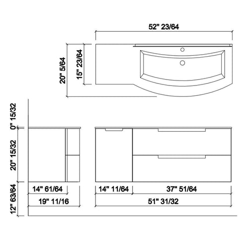 LaToscana 53" Oasi Series Right Sink Modern Bathroom Wall-Mounted Vanity Left Side Cabinet in Distante Blue