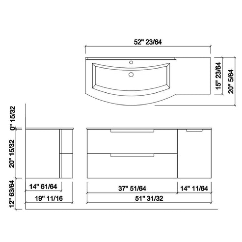 LaToscana 53" Oasi Series Left Sink Modern Bathroom Wall-Mounted Vanity Right Side Cabinet in Distante Blue
