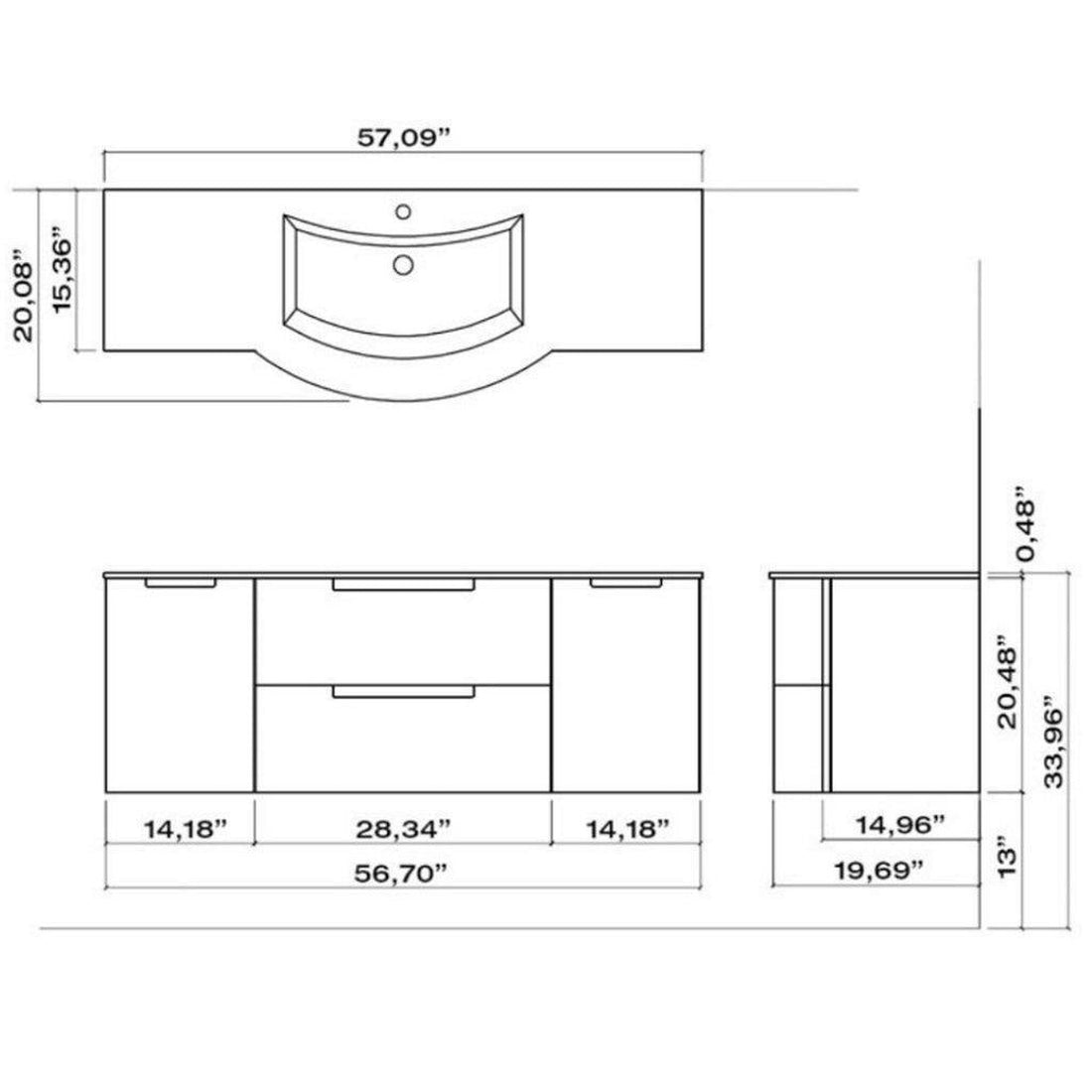LaToscana 57" Oasi Series Center Sink Modern Bathroom Wall-Mounted Vanity Left & Right Side Cabinets in Distante Blue