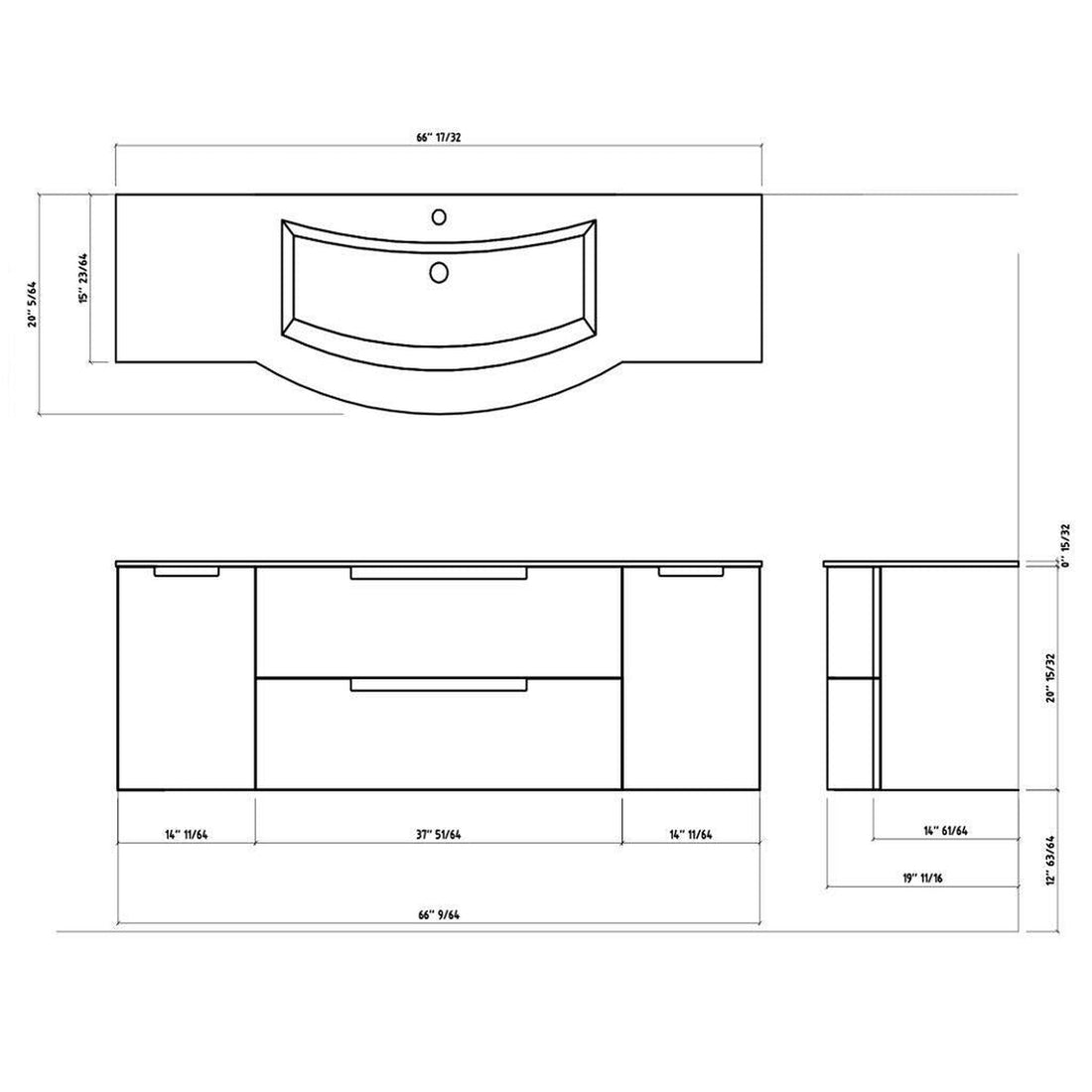 LaToscana 67" Oasi Series Center Sink Modern Bathroom Wall-Mounted Vanity Left & Right Side Cabinets in Distante Blue
