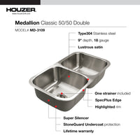 Thumbnail for Houzer Medallion 31 inch Stainless Steel Undermount 50/50 Double Bowl Kitchen Sink, Nested 20-Pack