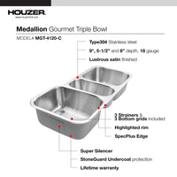 Thumbnail for Houzer Premier 41 inch Stainless Steel Drop-in Topmount 4-hole Triple Bowl Kitchen Sink, Nested 20-Pack